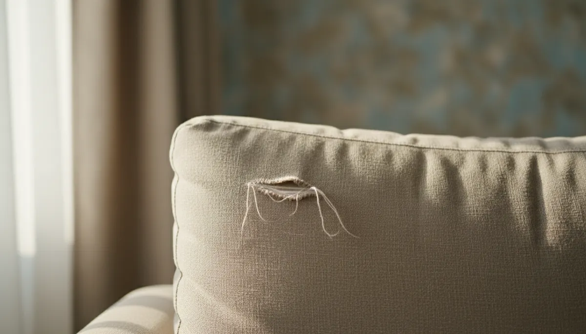 Close-up of a frayed seam on a neutral-colored sofa cushion Close-up of a frayed seam on a neutral-colored sofa cushion