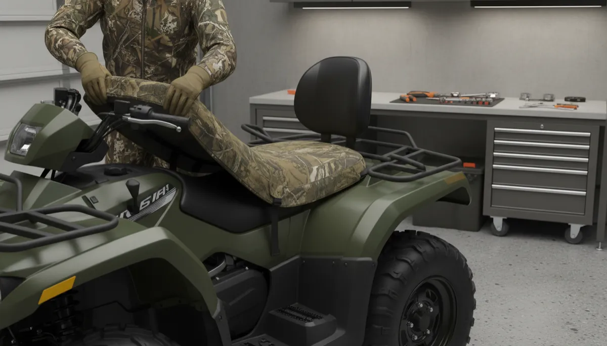 Hunter installing a durable seat cover on an ATV before hunting season