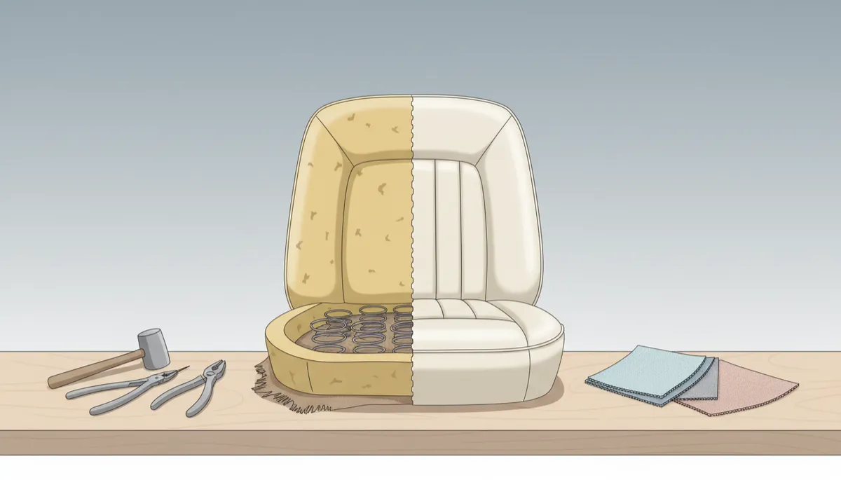 Classic car seat in mid-restoration with new upholstery being fitted