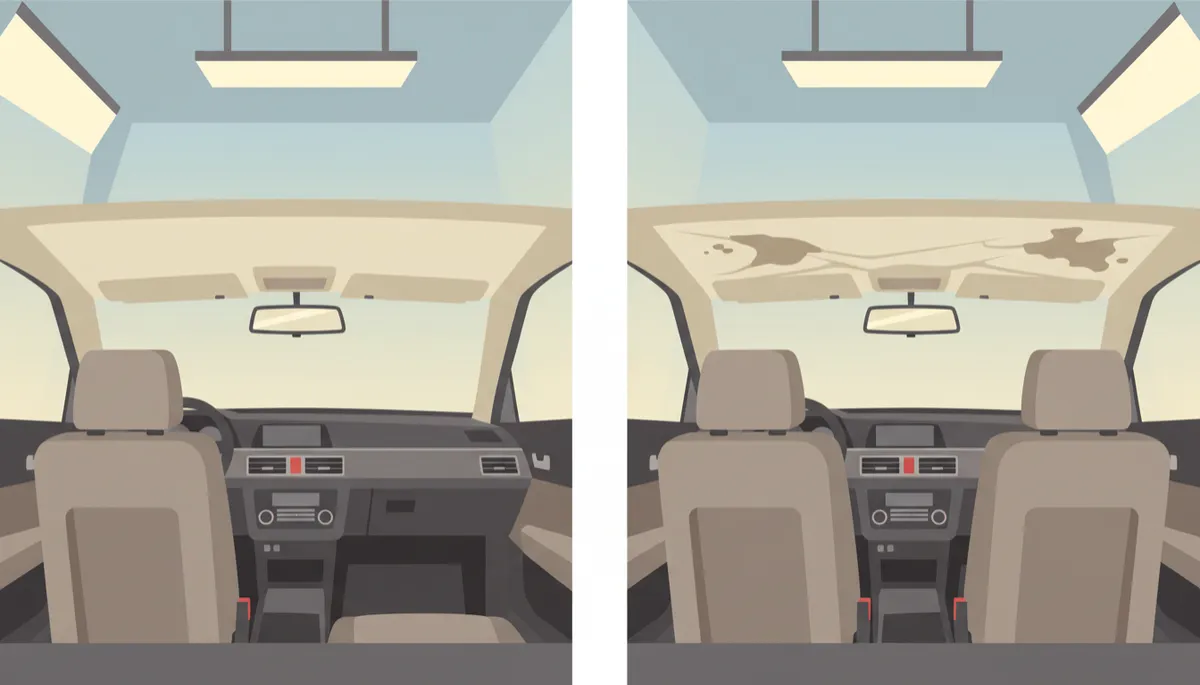 Side-by-side comparison of a repaired headliner and a sagging headliner