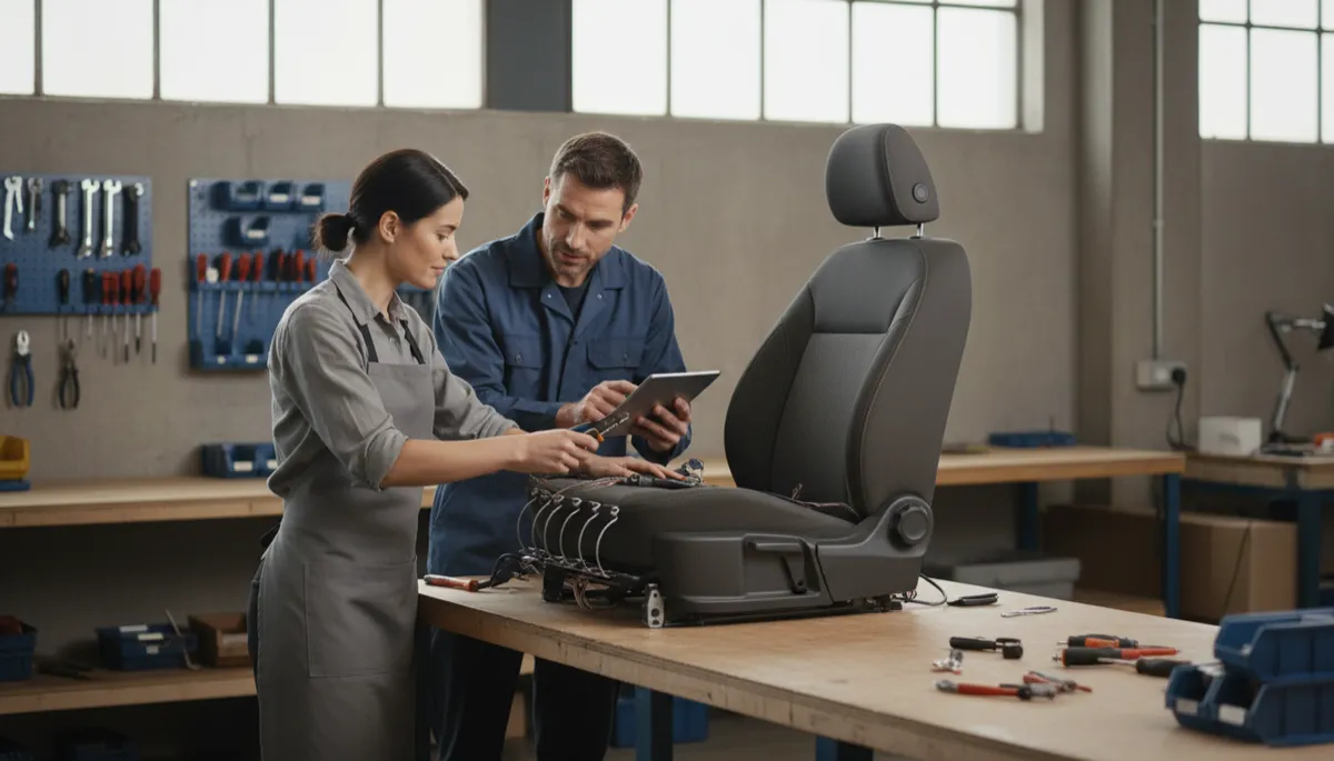 Upholsterer and mechanic coordinating over a removed car seat in a workshop