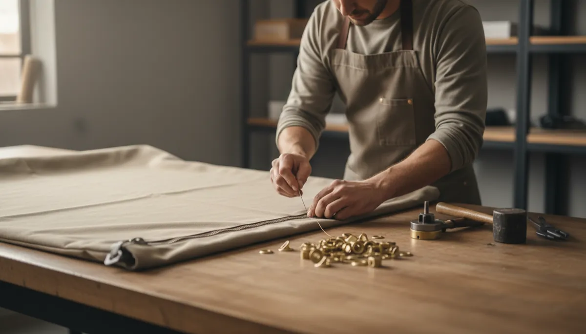 Craftsman repairing zipper and grommets on a canvas cover