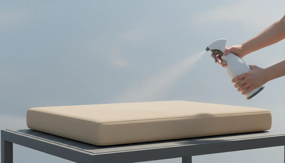 Person applying water-repellent spray to an older Sunbrella cushion