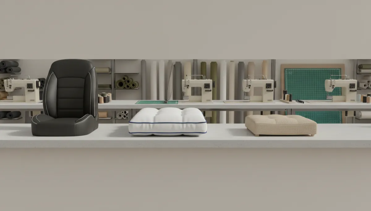 Vehicle seat, boat cushion, and furniture cushion arranged in an upholstery workshop