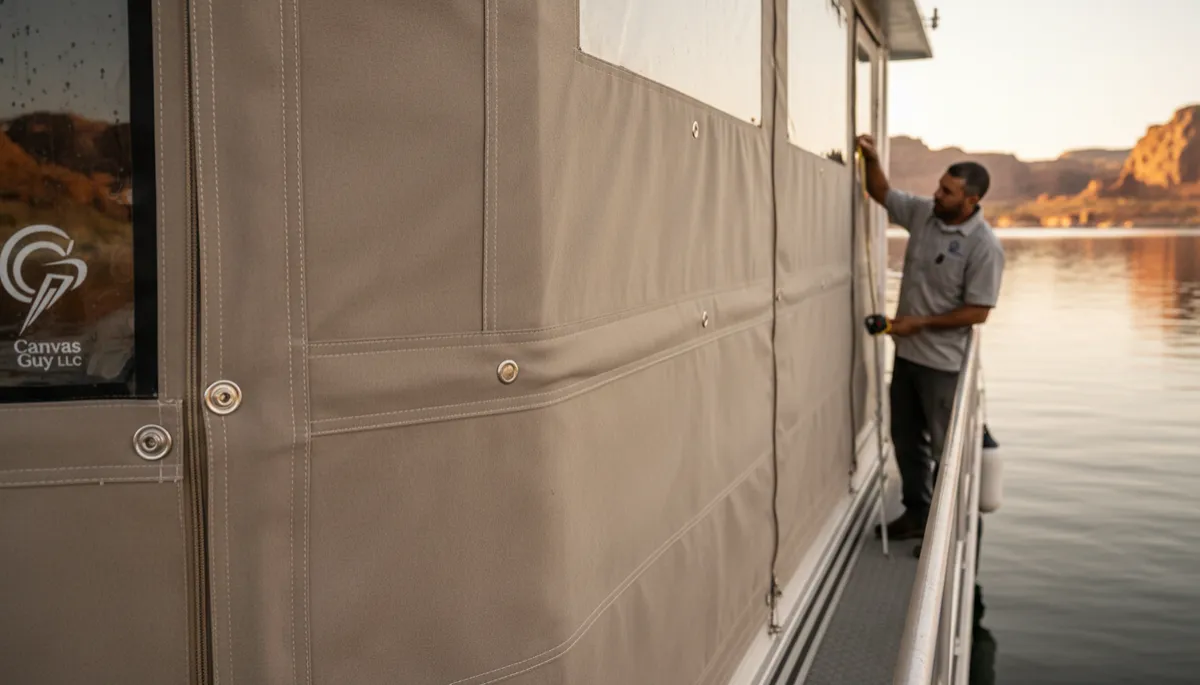 Custom boat canvas being inspected at Bullfrog Marina