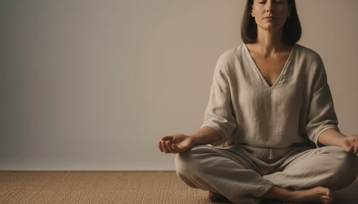 Person seated on a mat with eyes closed, focusing on slow subtle somatic movements