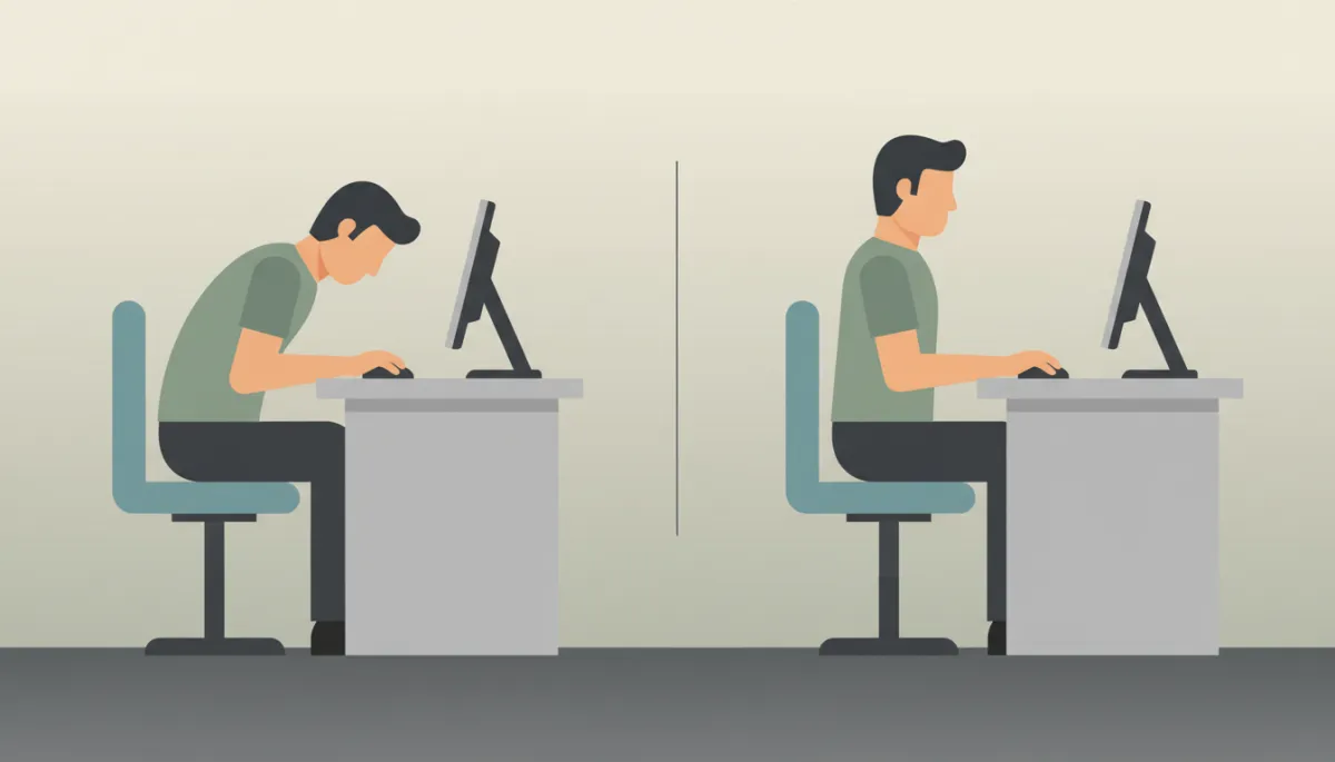 Side-by-side comparison of slouched and upright desk posture Side-by-side comparison of slouched and upright desk posture