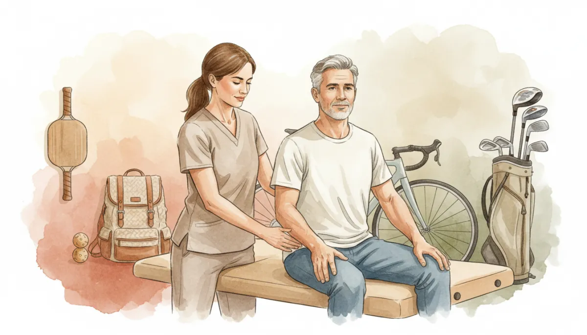 Chiropractor helping an active adult stretch near various sports gear
