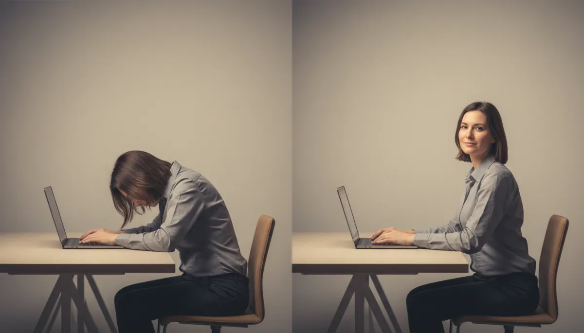 Comparison of poor slouched posture and improved upright spinal alignment at a desk