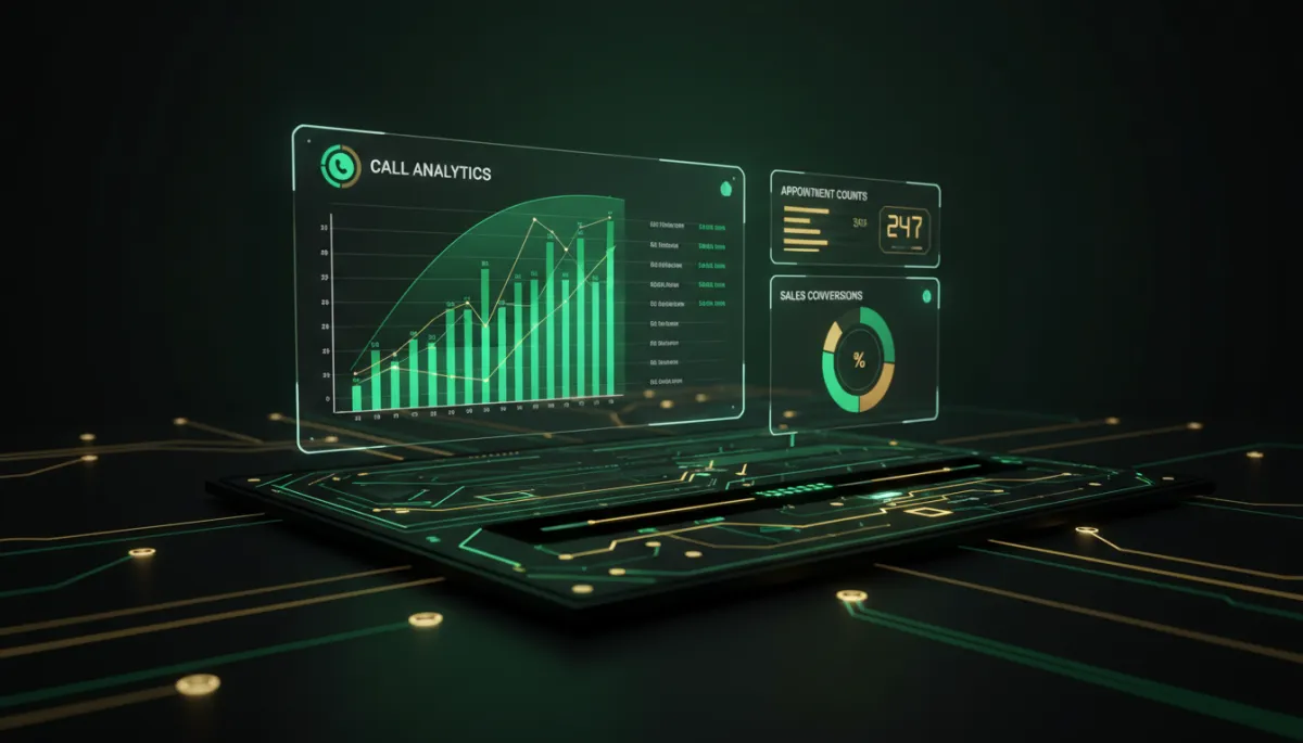 Futuristic dashboard showing AI call, booking, and sales metrics