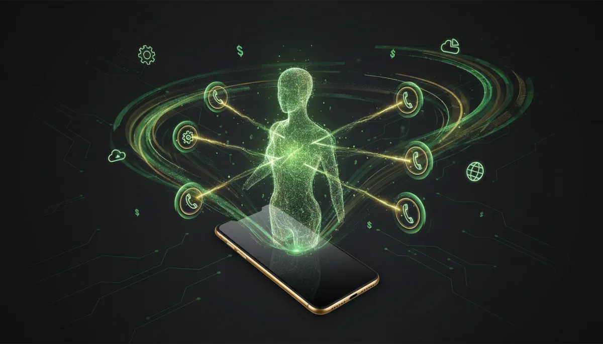 futuristic tech illustration in green, gold, black, and white showing a glowing AI voice assistant made of light waves answering multiple phone calls at once, holographic sound waves and business icons surrounding a sleek smartphone