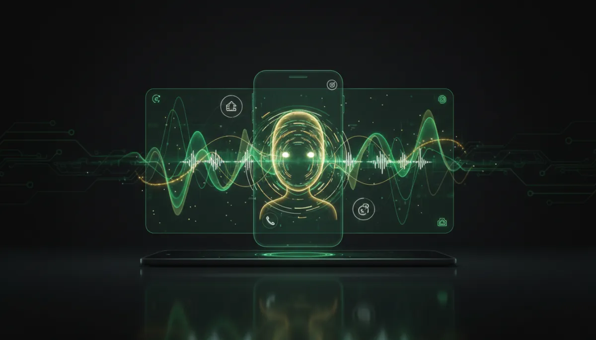 futuristic tech style, glowing green and gold holographic phone interface floating above a sleek black desk, abstract sound waves and call icons surrounding a luminous AI avatar, colors in green, gold, black, and white