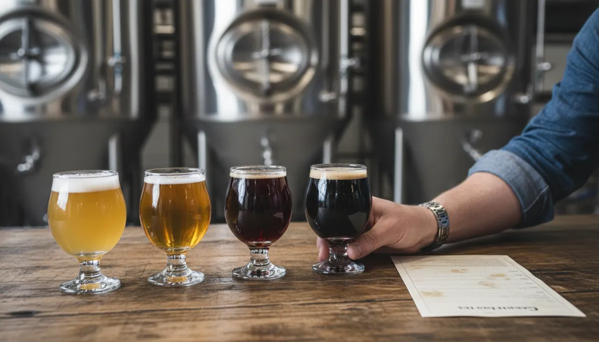 Beer flight on a wooden table during a guided tasting at an Anchorage brewery
