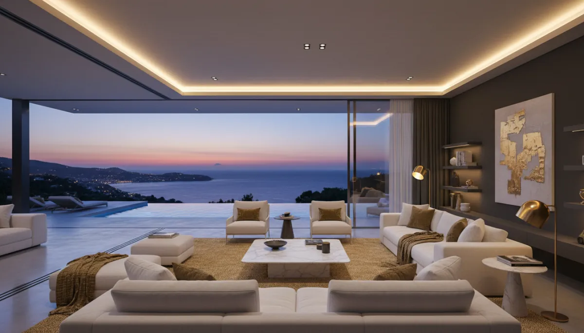Interior of a luxury Costa Blanca villa living room with sea views and elegant furnishings