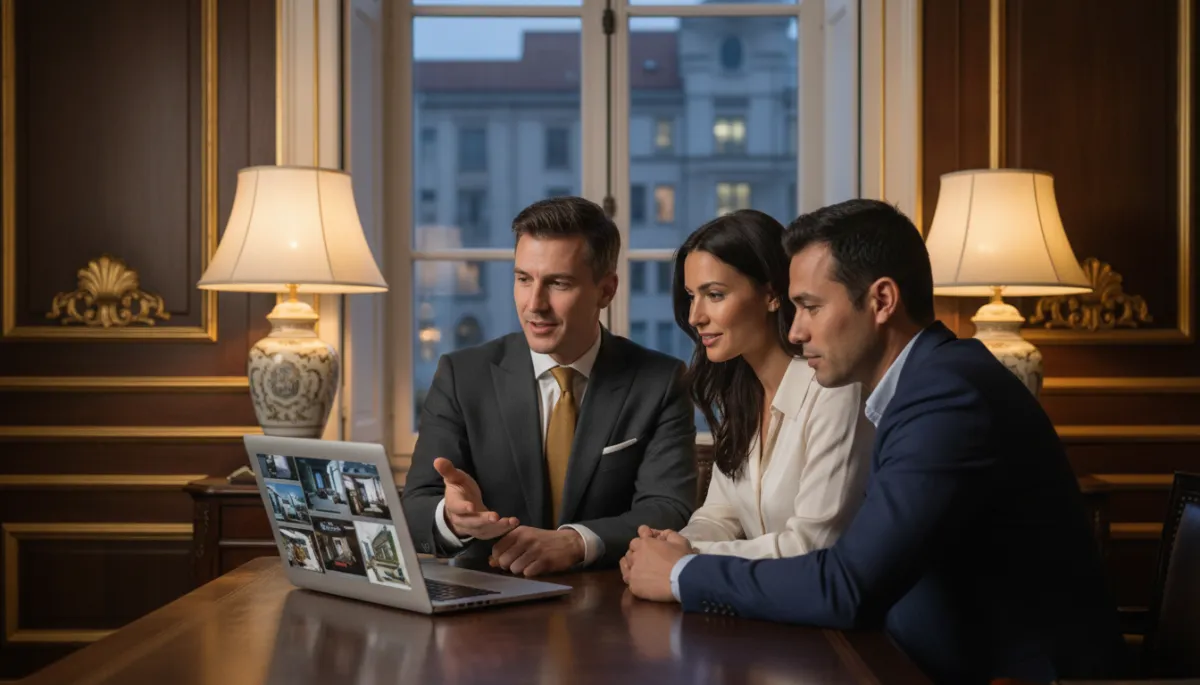 Estate agent in an elegant office consulting with international property buyers
