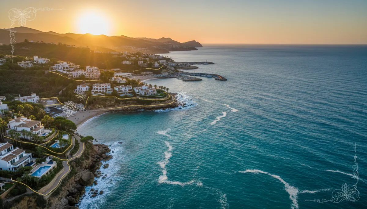 Aerial view of the Costa Blanca North coastline with villas, marinas and coves at sunset