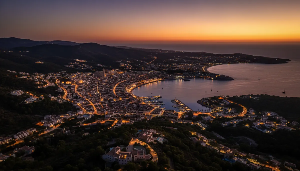 Birds-eye view of Jávea old town and bay at twilight