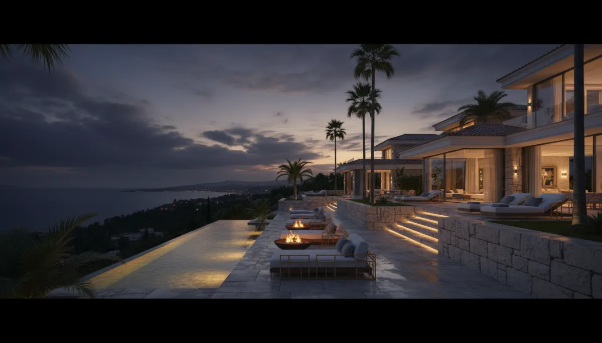 Cinematic high-end private terraced villa with palm trees and sea views