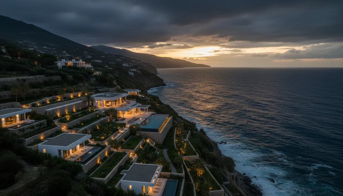 Cinematic high-end aerial view of a coastal luxury estate on the Costa Blanca