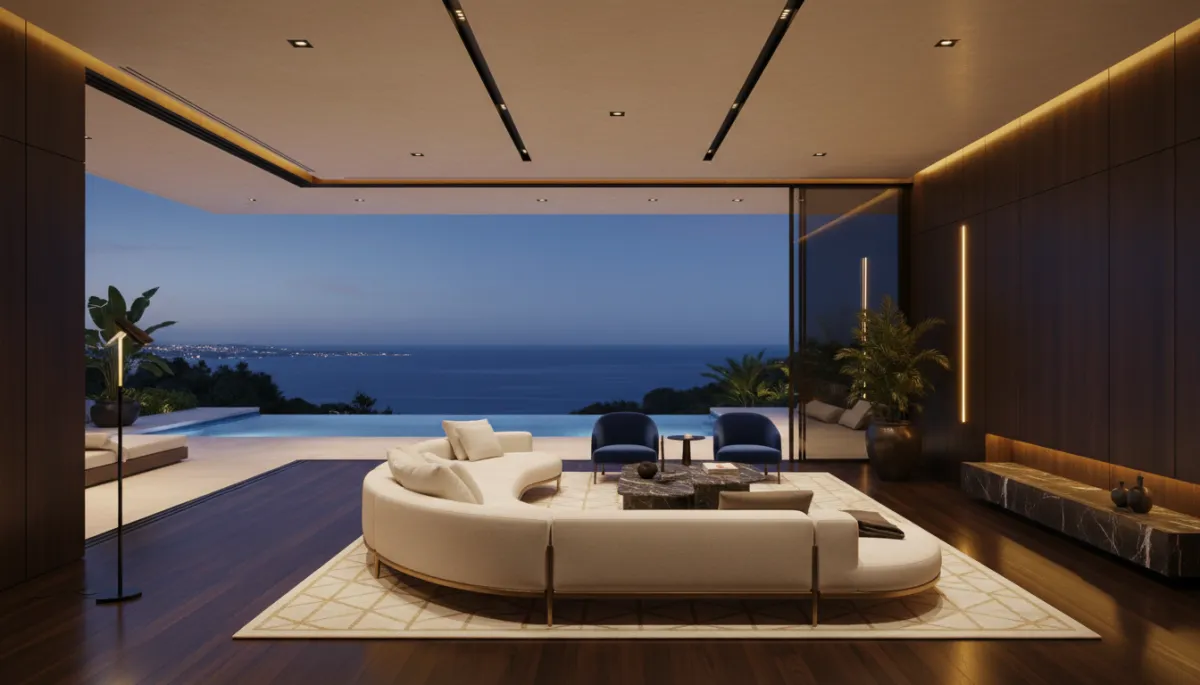 Cinematic high-end modern open-plan luxury living room with sea views