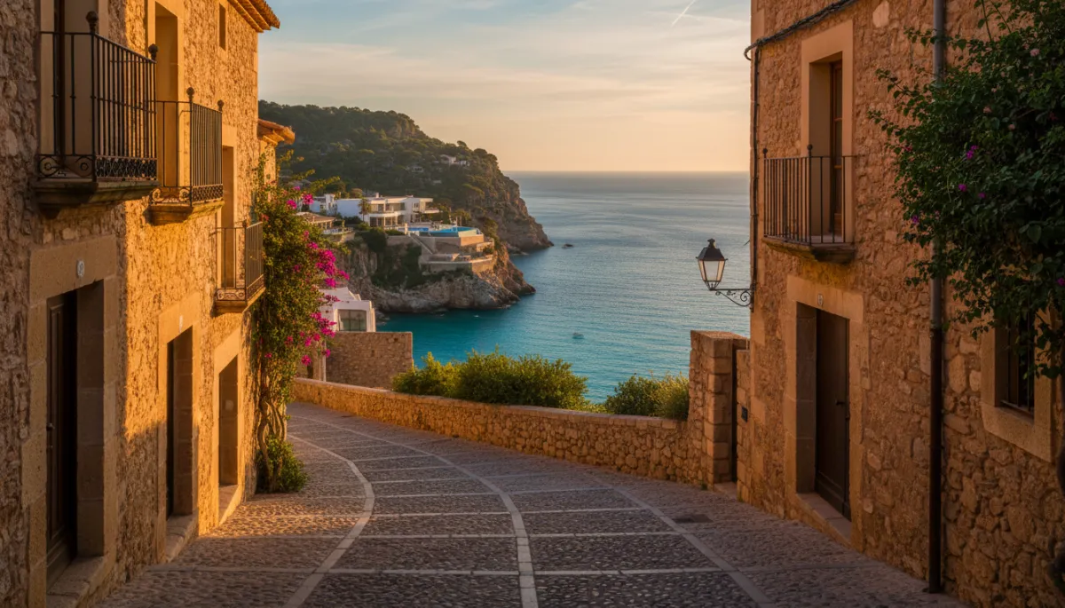 Historic street in Jávea old town with golden light and sea in distance
