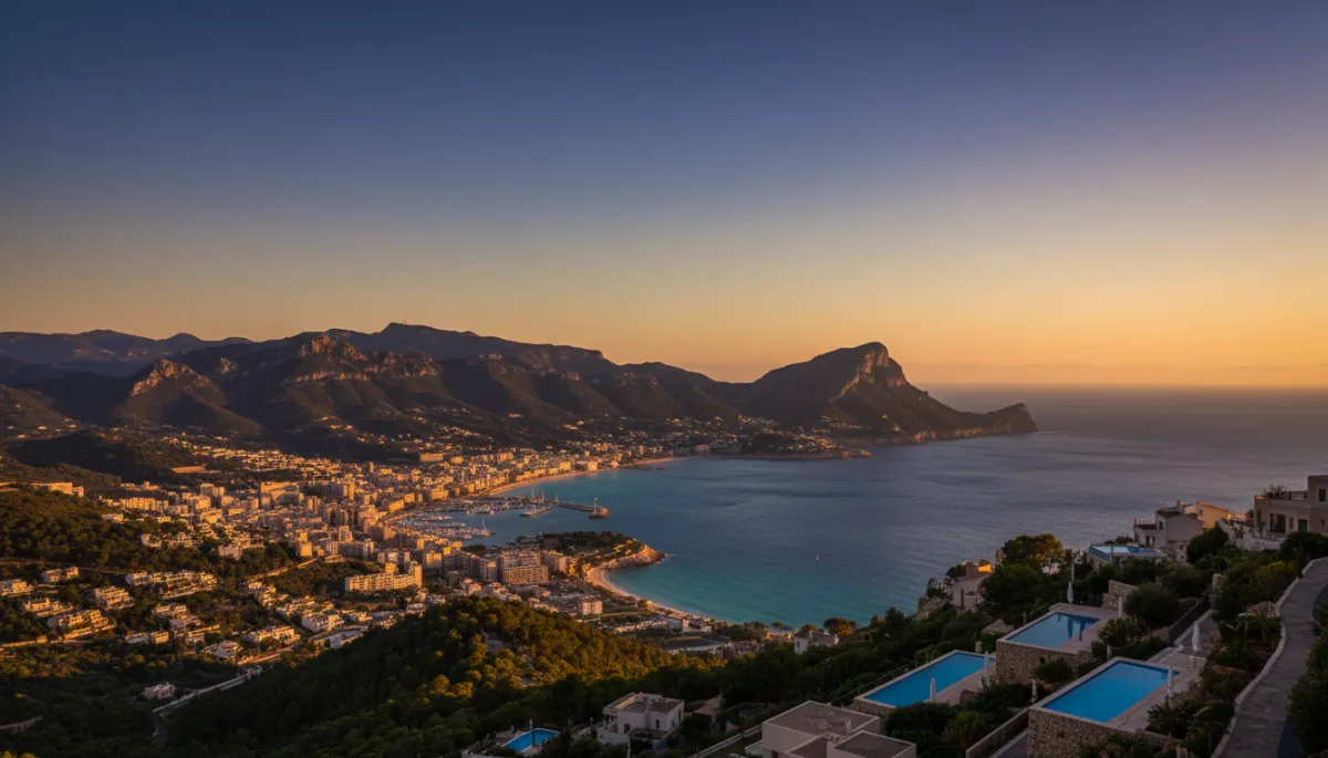 Panoramisch uitzicht vanaf Montgó over Jávea, baai, haven en omliggende klifvilla's