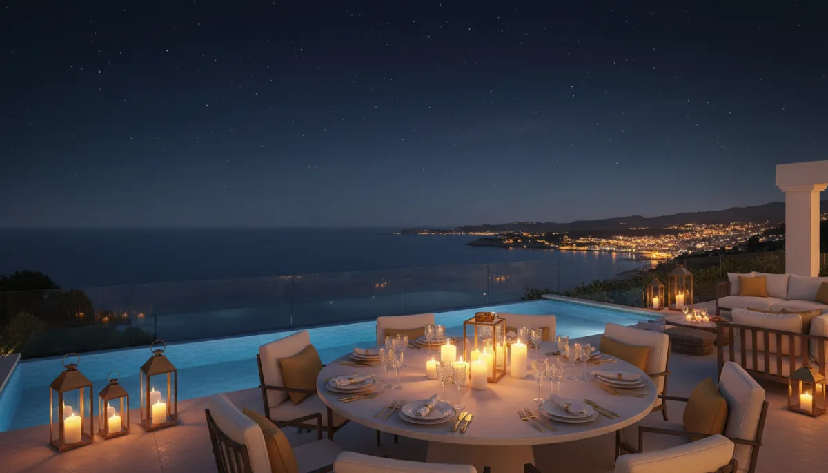 Avondterras van luxe villa met uitzicht over de baai van Jávea
