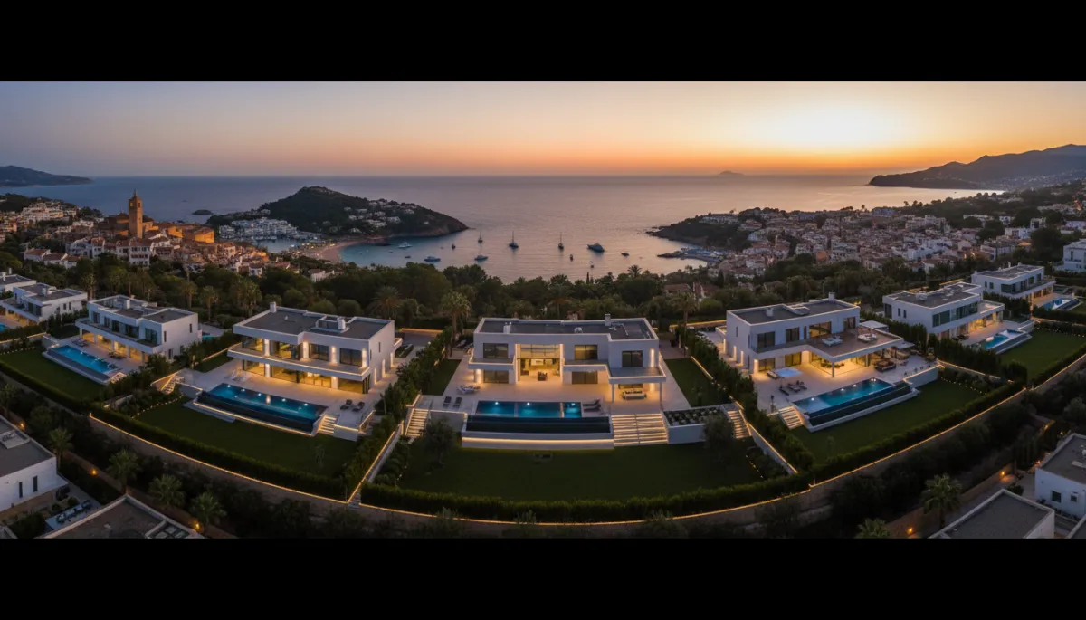 Vogelvlucht over moderne nieuwbouwvilla's in Jávea met uitzicht op zee
