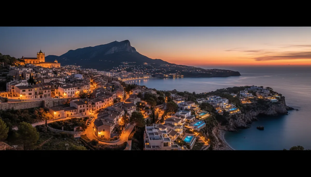 Vieille ville historique de Jávea avec vue sur la baie et le Montgó au crépuscule