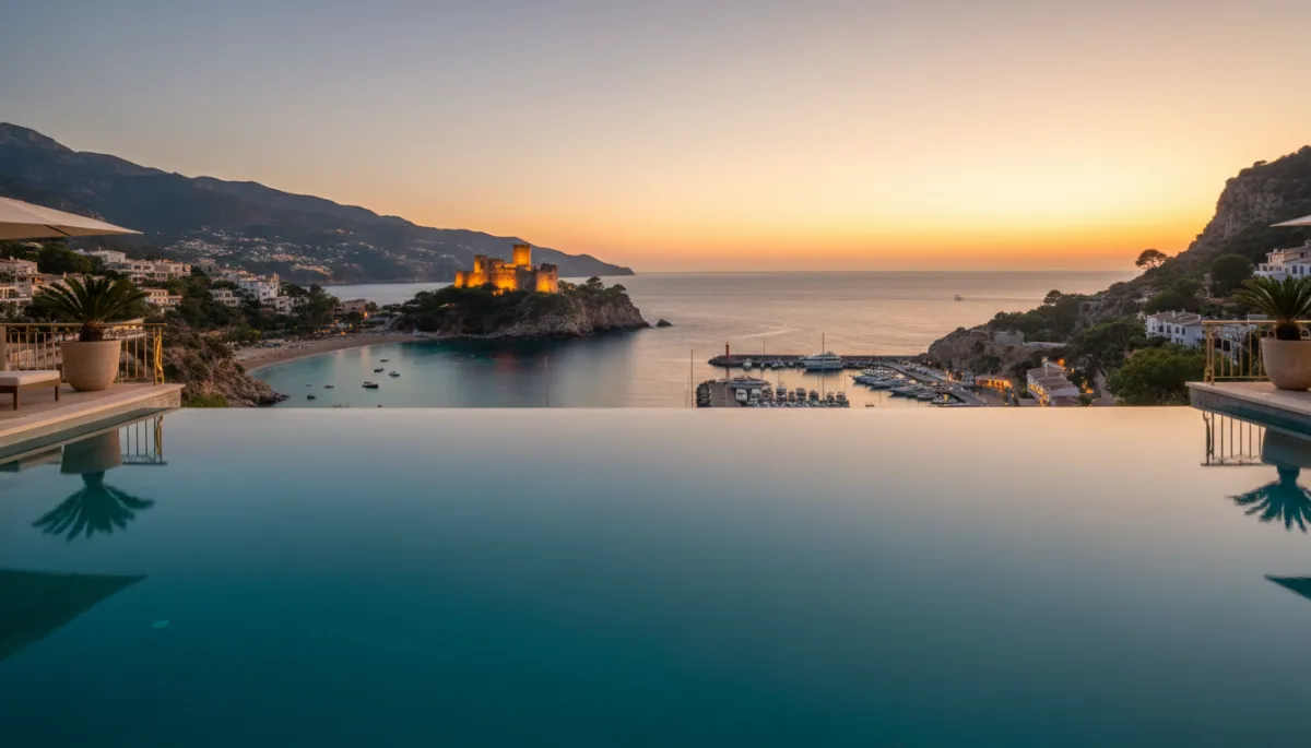 Infinity pool terrace of a luxury clifftop villa in Moraira at twilight