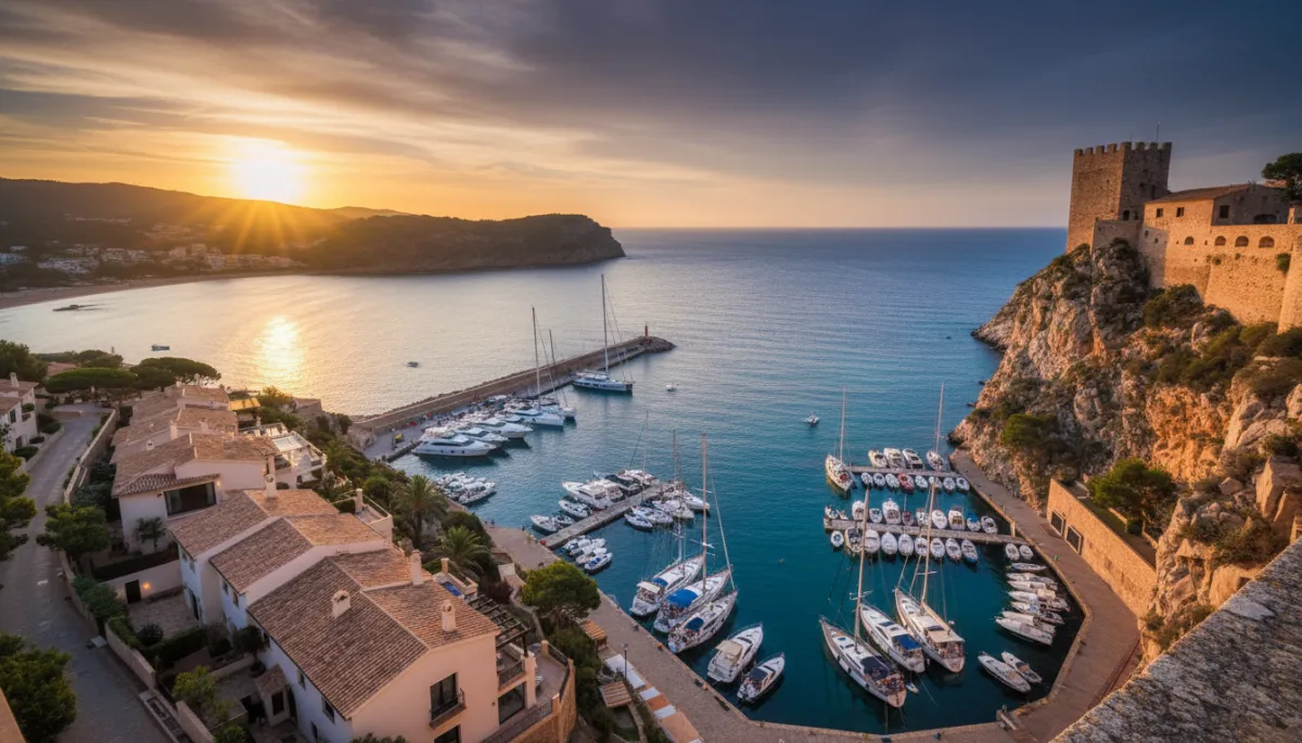 Moraira castle overlooking harbour and luxury villas at sunset
