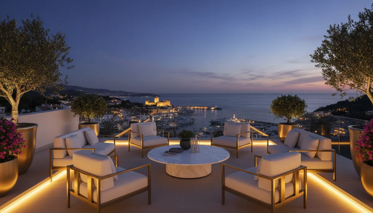 Terraza de villa de lujo en Moraira con vistas al puerto y bahía iluminada