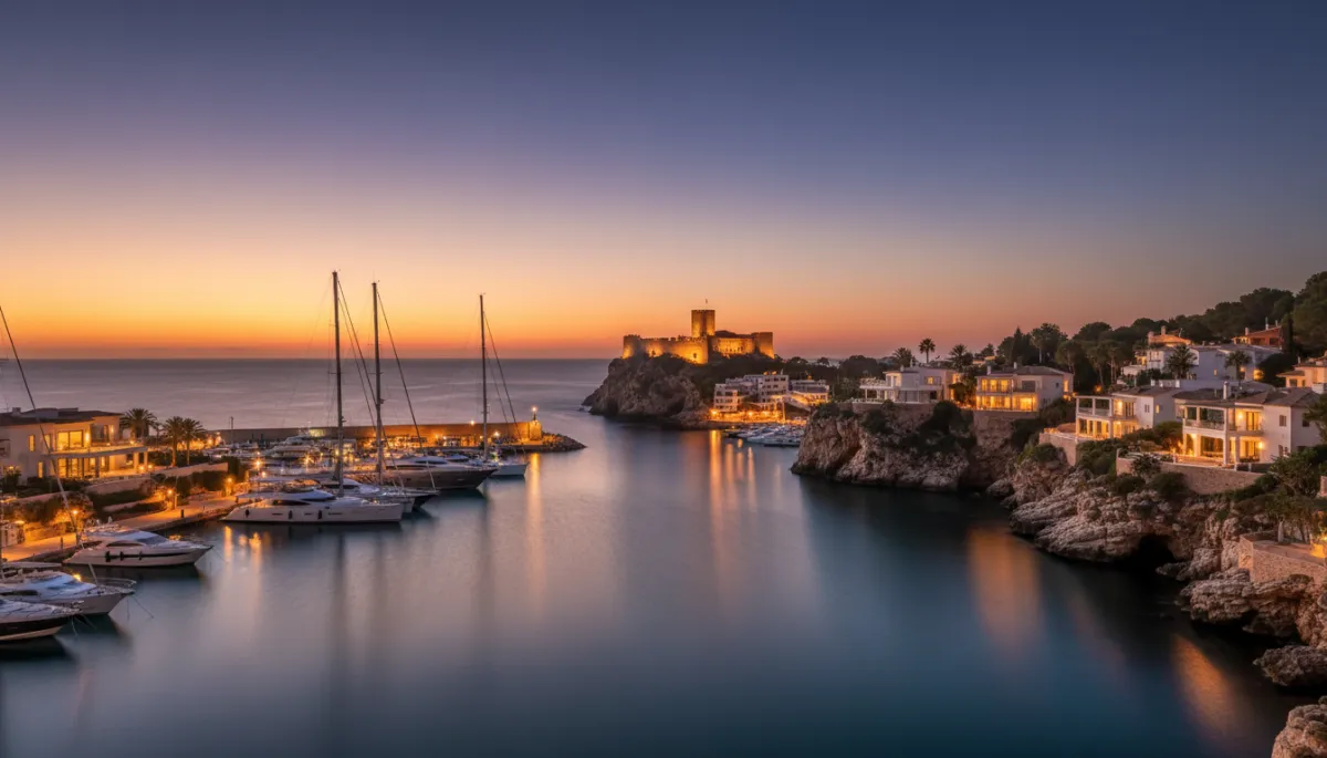 Yachthafen von Moraira mit Luxusvillen und Burg im goldenen Abendlicht