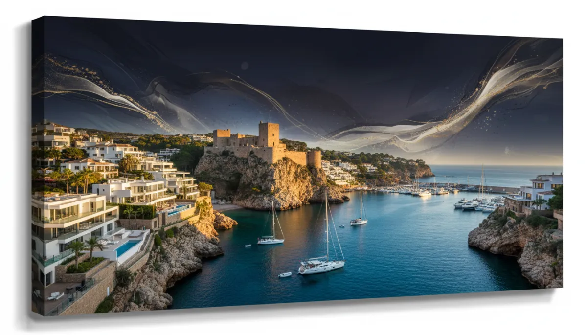 Mittelalterliche Burg von Moraira über kristallklarer Bucht und Yachthafen