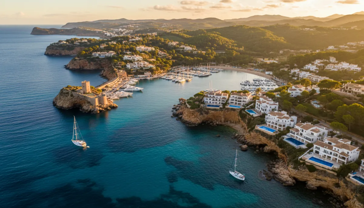 Luftaufnahme der Bucht El Portet in Moraira mit Luxusvillen und Yachthafen