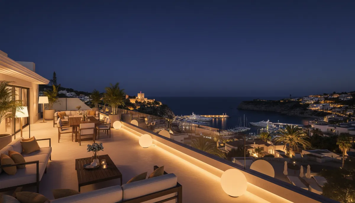 Terrasse d’un penthouse de luxe à Moraira avec vue nocturne sur la Méditerranée