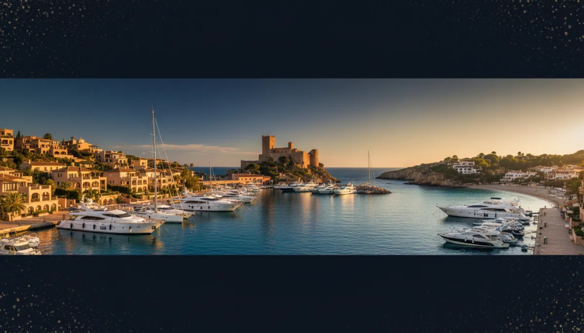 Port de Moraira avec yachts et château médiéval au coucher du soleil