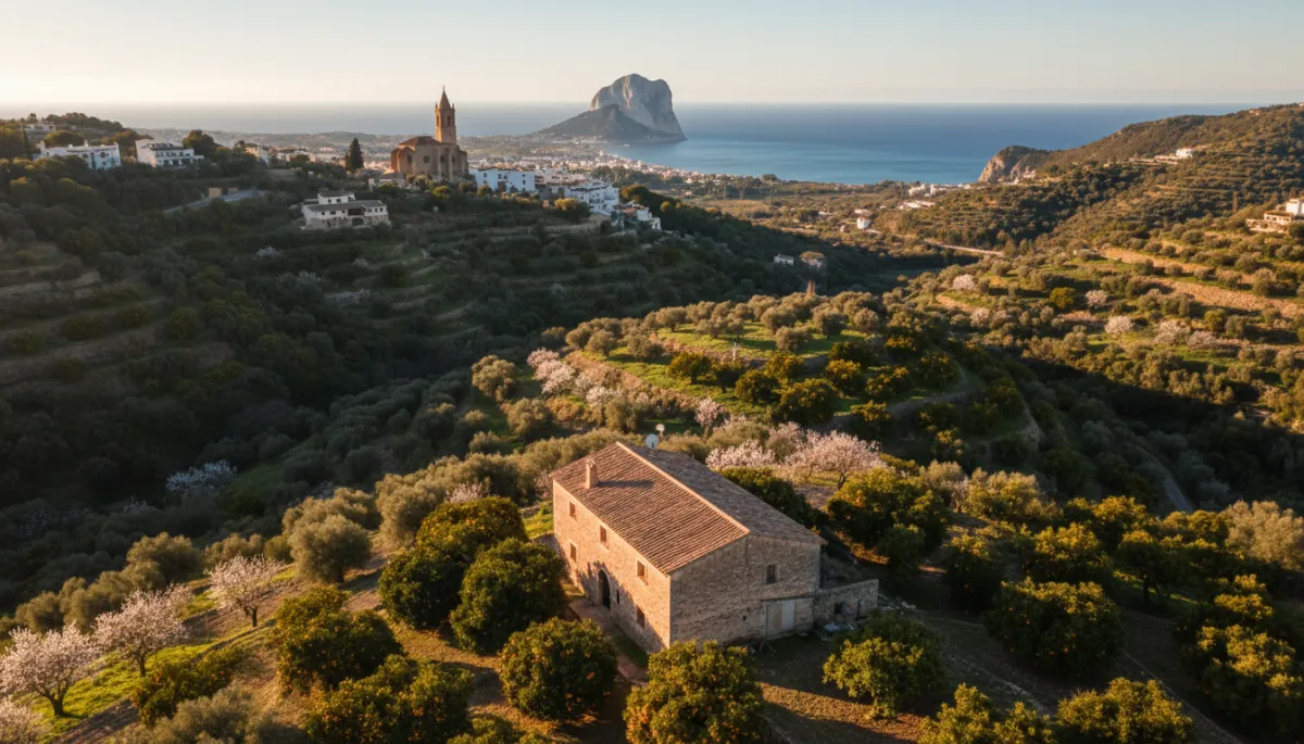 Terraced orange and almond groves with stone finca and distant sea near Benissa