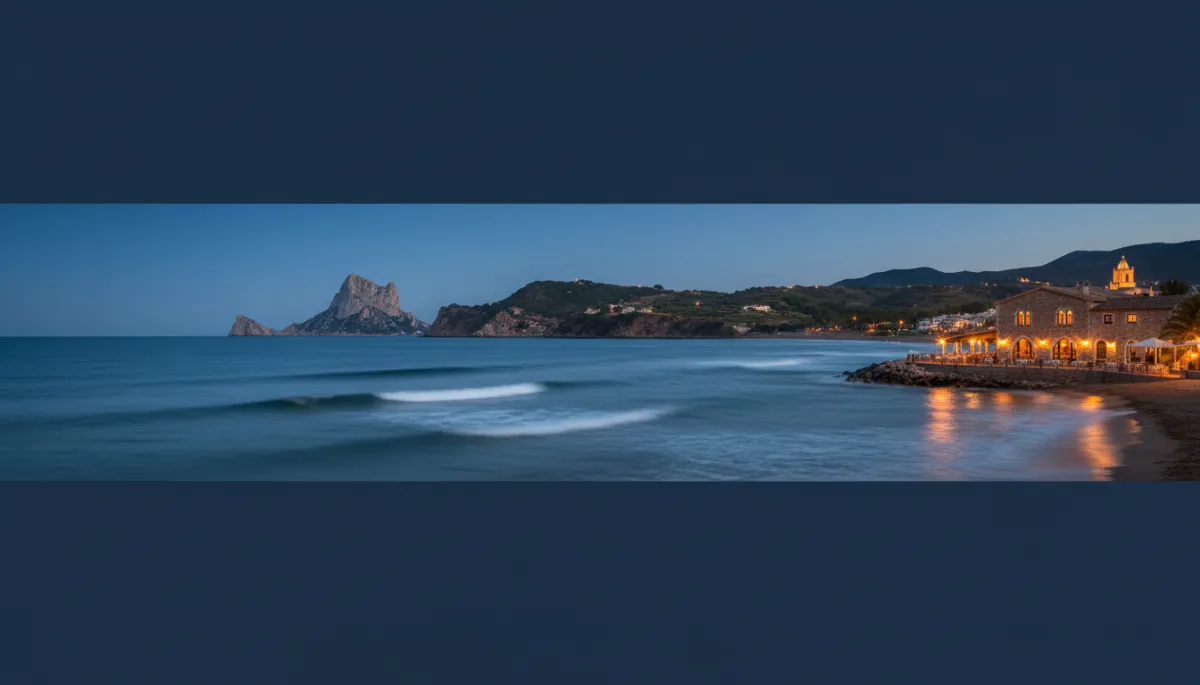 La Fustera cove at early evening with calm sea and warm lights