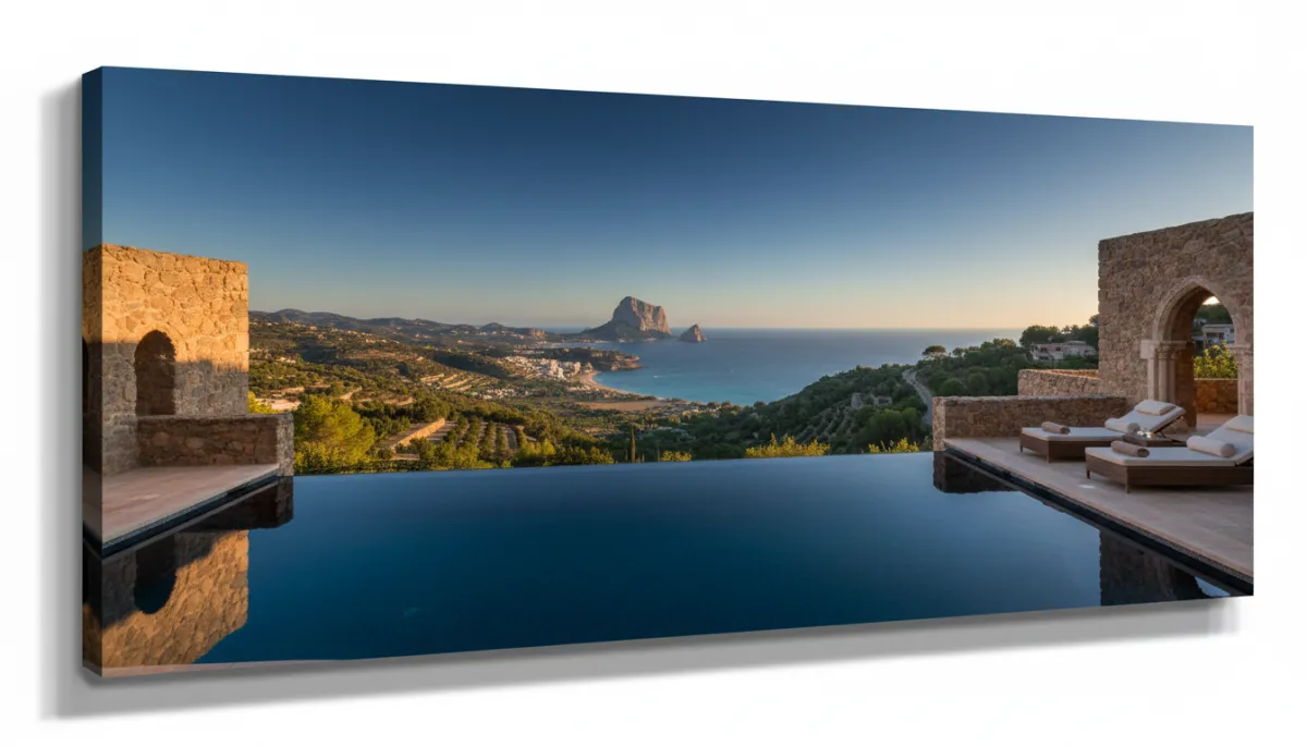 Panoramic sea view from hillside villa terrace towards La Fustera and Calpe Peñon