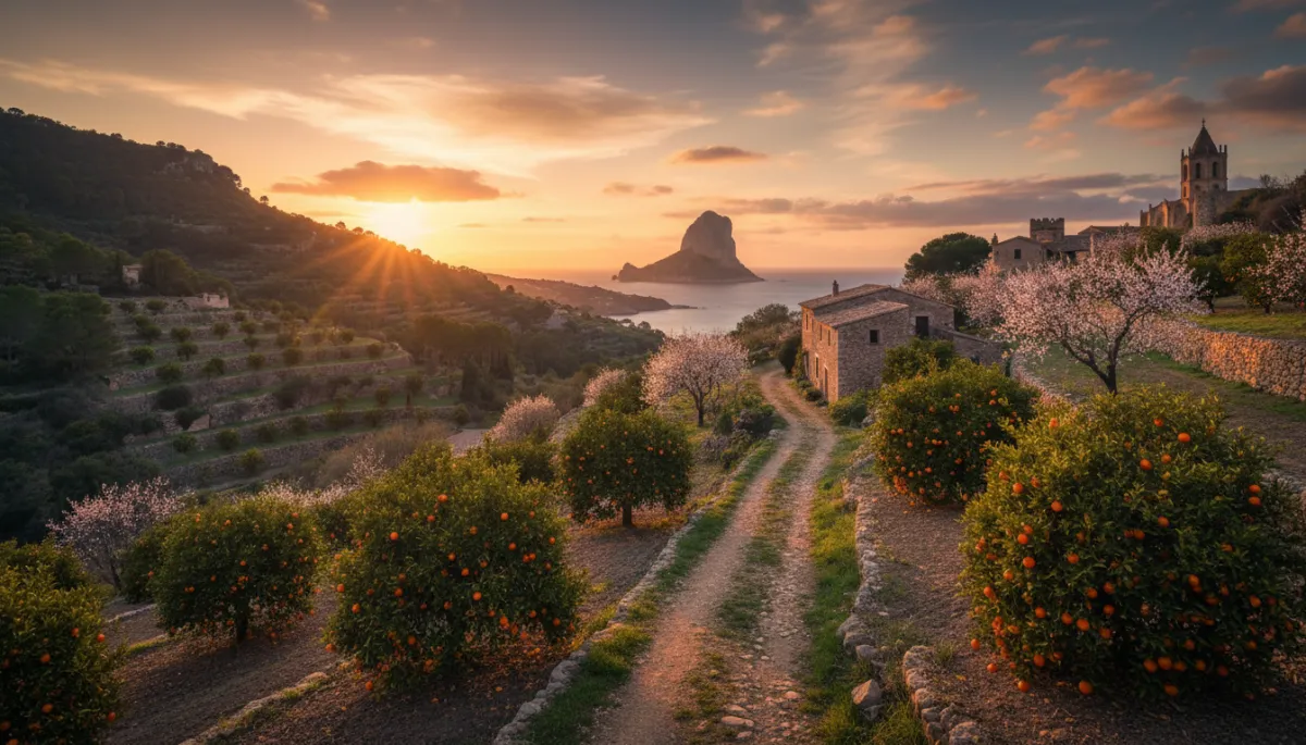Sendero entre naranjos y almendros en Benissa con vistas al Peñón de Ifach y al mar