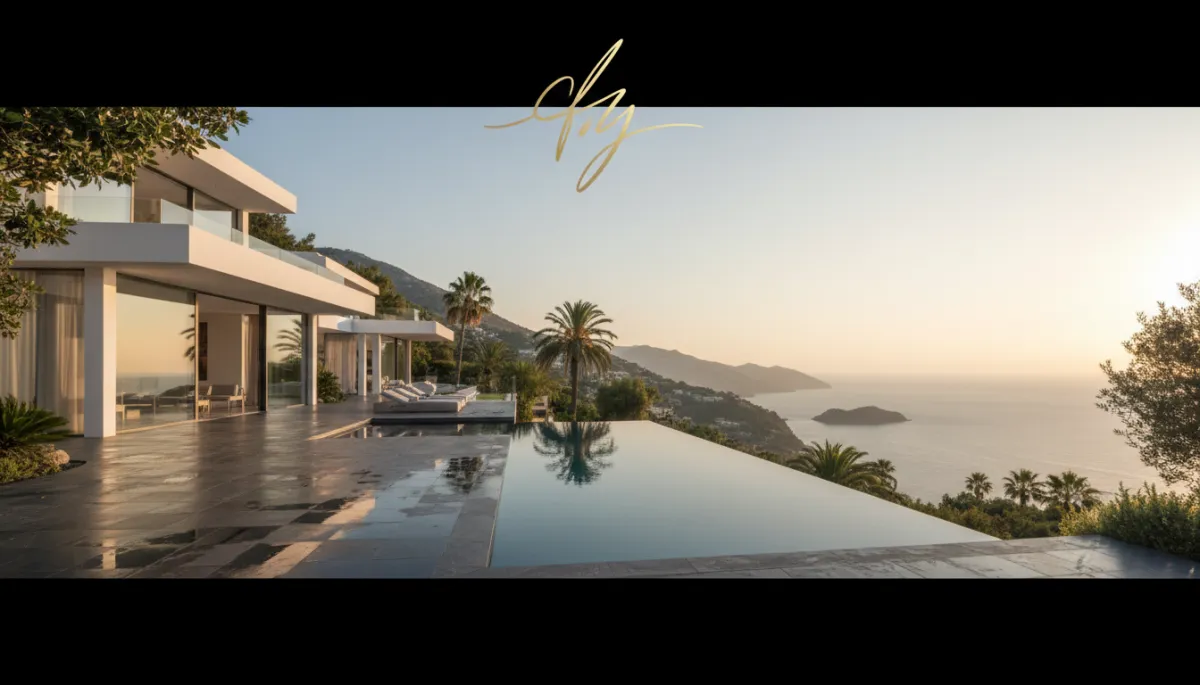 photorealistic ultra‑luxury white villa on a hillside above the Mediterranean, infinity pool reflecting golden hour sky, soft gold and white lighting, dark slate terrace and subtle dark background elements, elegant gold typography overlay