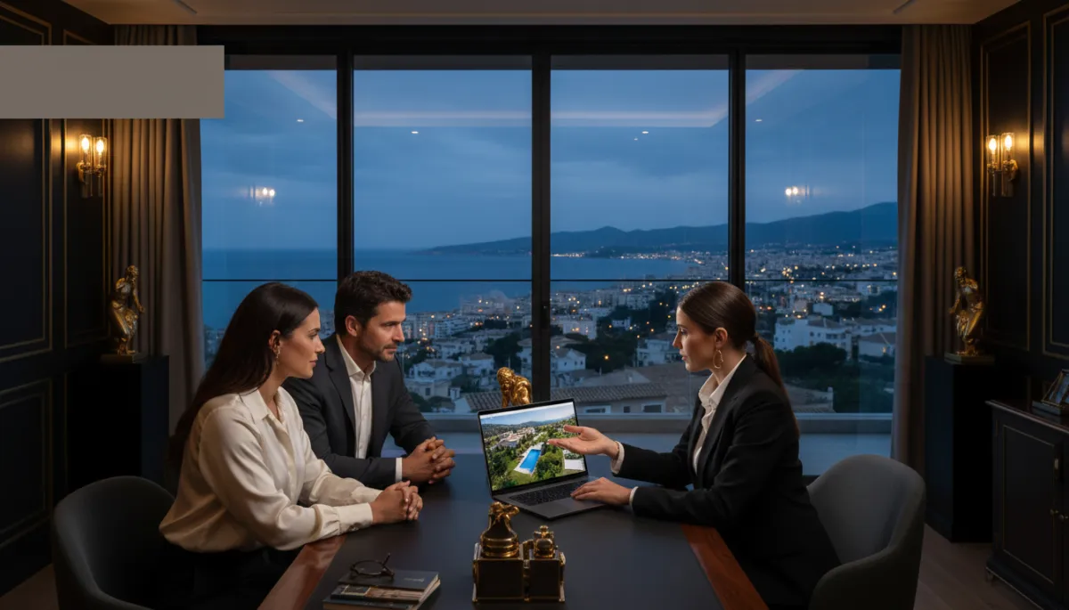 photorealistic evening scene in a sophisticated dark-toned office with gold accents, elegant real estate agent presenting luxury coastal properties on a laptop to an international couple, floor-to-ceiling windows showing Jávea bay lights outside, subtle text overlay space in upper left