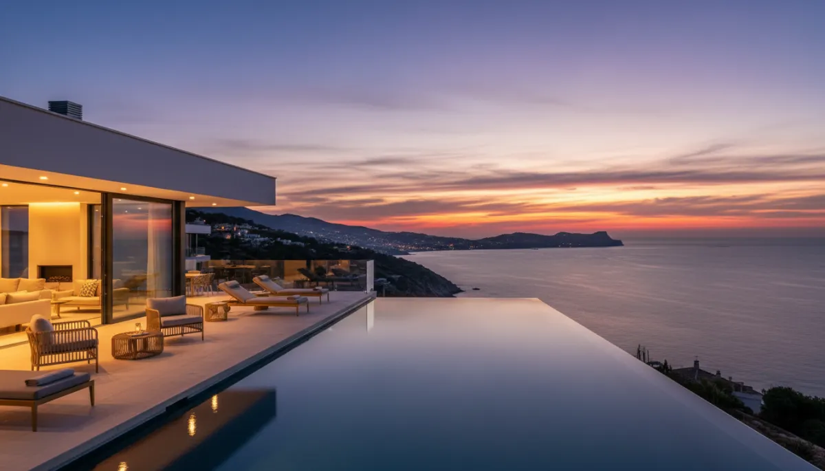 cinematic high-end twilight scene of a clifftop infinity-pool villa above the Mediterranean on the Costa Blanca, glowing warm interior lights, dark dramatic sky with last light of sunset, subtle gold-accent outdoor furnishings, distant coastal lights of Jávea and Moraira visible