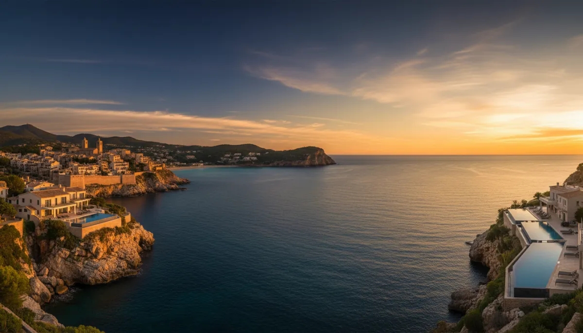 photorealistic panoramic view of Jávea bay at golden hour, deep dark sea and sky with gold and ivory reflections, clifftop villas with infinity pools overlooking the Mediterranean, Granadella cove turquoise water in the distance, historic old town glowing in warm light, cohesive style: stunning Jávea bay panorama, clifftop villas with infinity pools over Mediterranean, Granadella cove turquoise water, historic old town, golden afternoon light