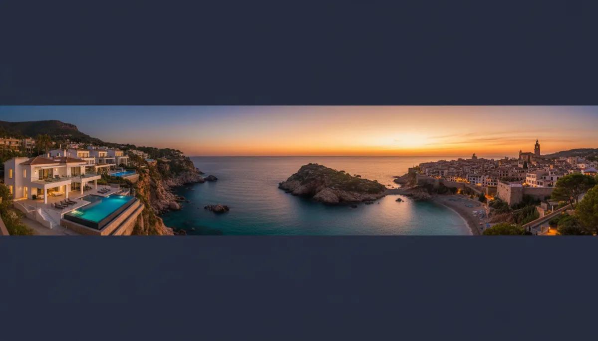 Vista panorámica fotorealista de la bahía de Jávea al atardecer, villas en acantilado con piscina infinita sobre el Mediterráneo, cala rocosa y casco antiguo histórico al fondo, luz dorada cálida, estilo de vida Costa Blanca Norte, paleta de fondos oscuros con acentos dorados e marfil