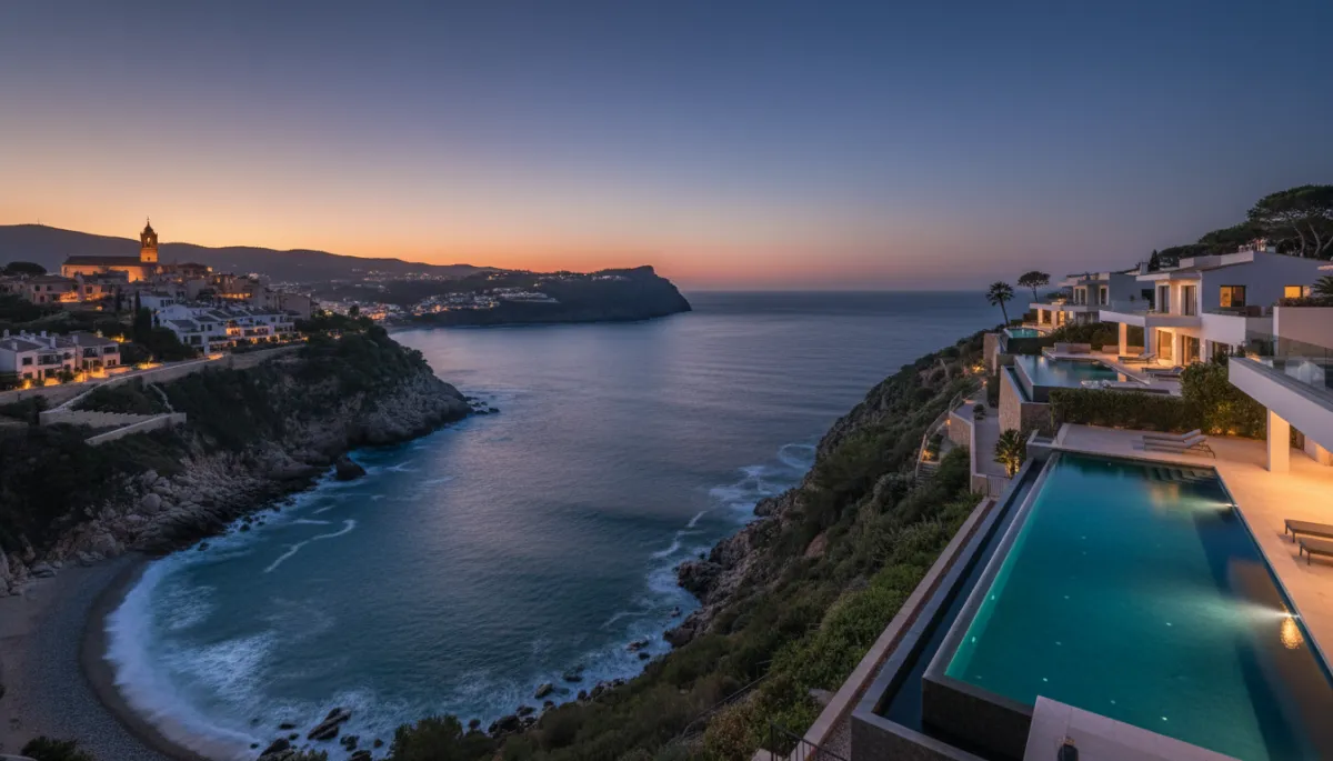 Fotorealistische Panoramaaufnahme der Bucht von Jávea in der Abenddämmerung, Klippenvillen mit Infinity-Pool über dem Mittelmeer, Granadella Bucht im Hintergrund, historische Altstadt angedeutet, alles im warmen goldenen Licht, tiefer dunkler Himmel und Meer als Hintergrund, goldene und elfenbeinfarbene Akzente im modernen, eleganten Bildstil