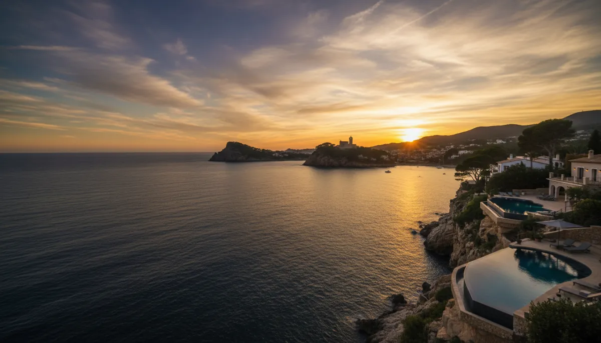 Fotorealistische panorama baai Jávea bij zonsondergang, diepe donkere zee en lucht met gouden en ivoorkleurige accenten, klifvilla's met infinity-pool boven de Middellandse Zee, Granadella inham op de achtergrond, historisch stadscentrum subtiel zichtbaar, warme gouden lichtreflecties op het water