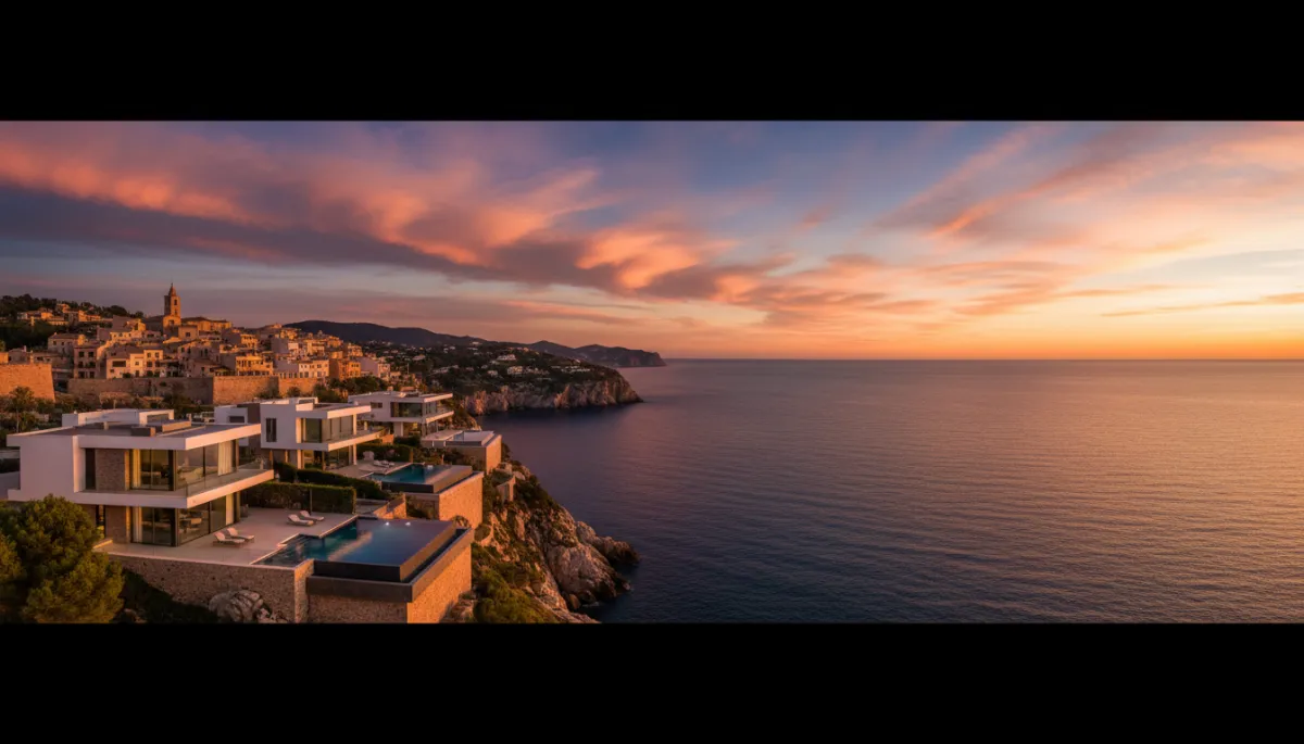 Vue panoramique photoréaliste de la baie de Jávea au coucher du soleil, villas contemporaines sur falaise avec piscines à débordement dominant la Méditerranée, crique de la Granadella au loin, vieille ville historique éclairée, lumière dorée, arrière-plans profonds aux accents or et ivoire sur fond sombre