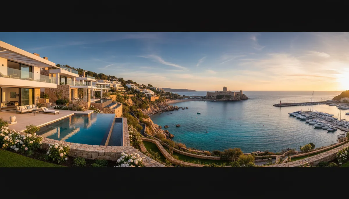 Photorealistic panoramic view of Moraira clifftop luxury villas overlooking the Mediterranean, El Portet crystal-clear bay and medieval castle in the distance, boutique harbour with yachts below, all bathed in golden sunset light, deep dark backgrounds with gold and ivory accents